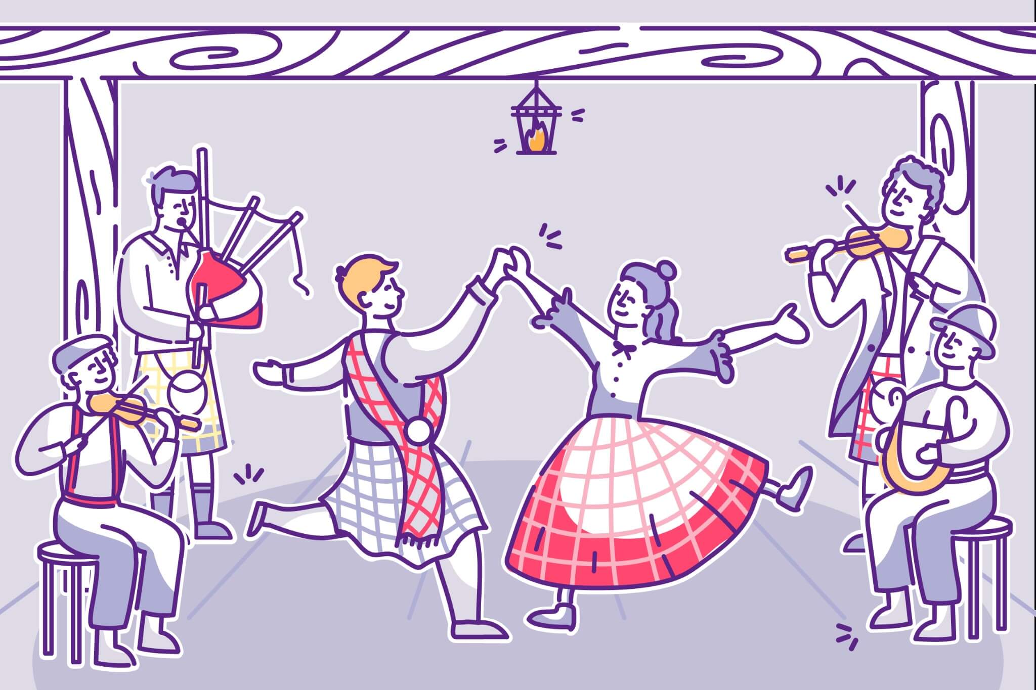 A couple dancing to Scottish Traditional music with a band playing in the background