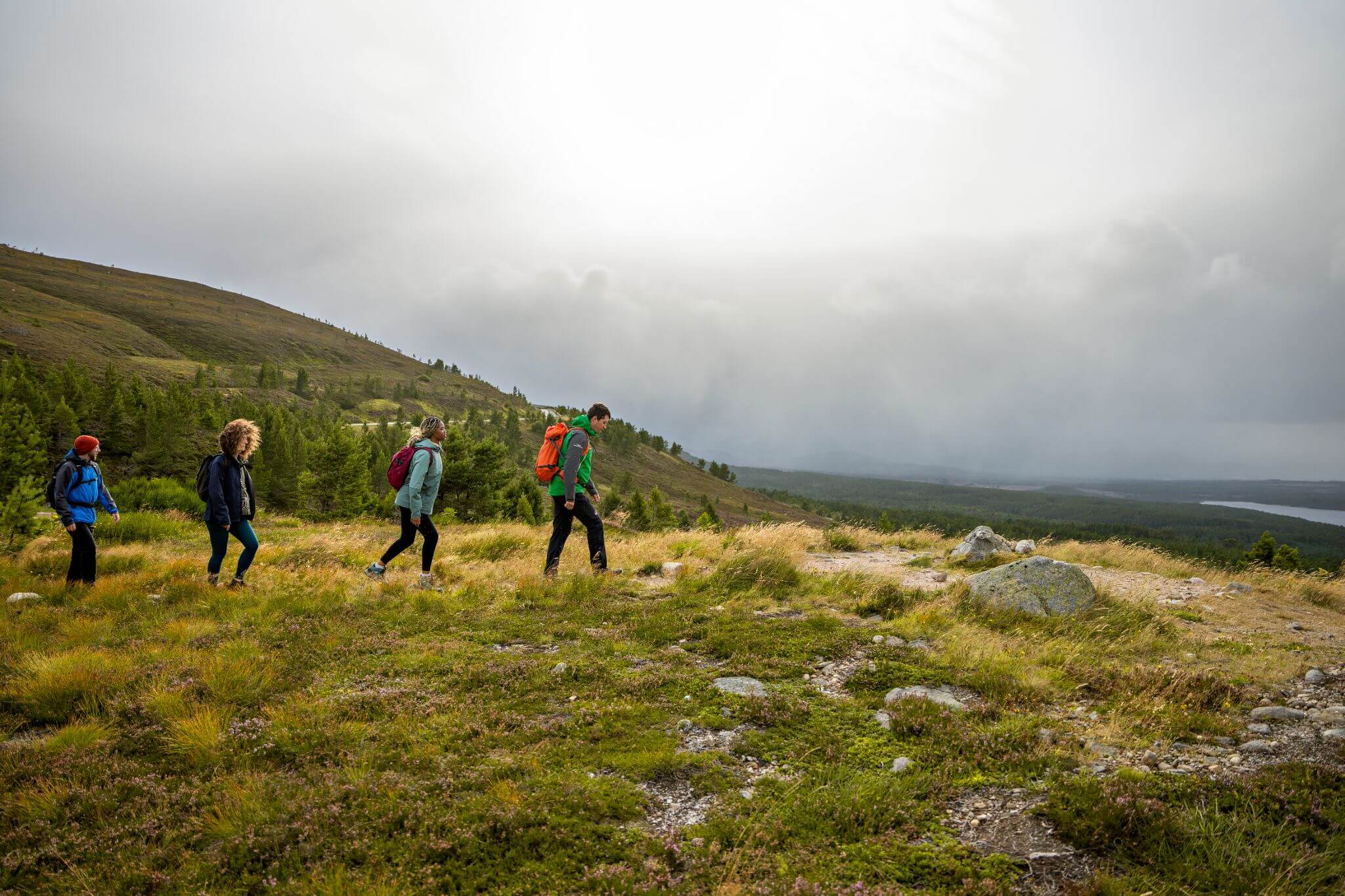 Four hikers with backpacks walk through a scenic Scottish landscape with grassy hills, trees, and a misty sky.